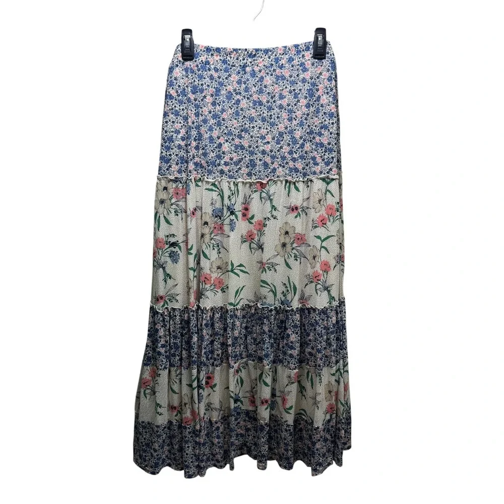 Boho Floral Mixed Print Tiered Maxi Skirt Cottagecore Ruffle Patchwork Long L